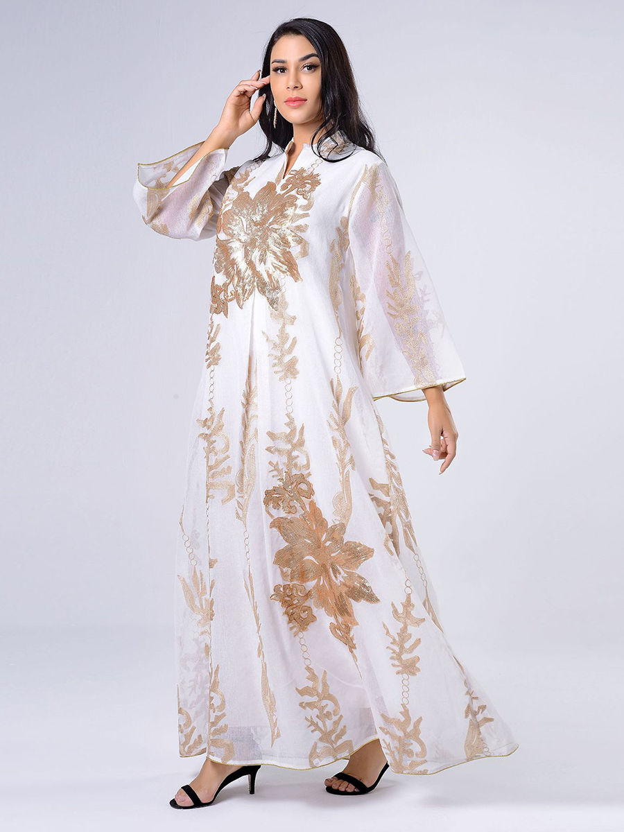 Thumbnail: Siskakia Sequins Embroidered Abaya Dress For Women Moroccan Kaftan Turkey Arabi