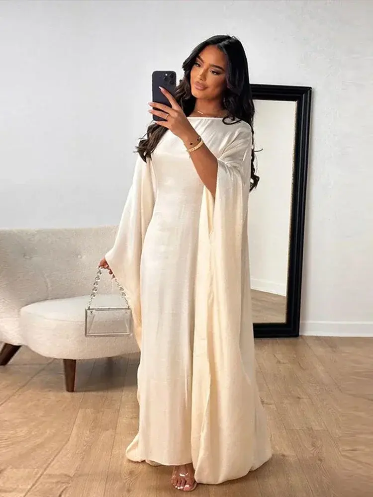 Miniaturebillede: Fashion Glossy Gauze Muslim Kimono Abaya O-neck Maxi Robe Women 2024 Spring Sum