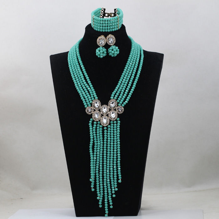 ภาพขนาดย่อ: Trendy Blue Crystal Jewelry Sets Long Design Women Beads Necklace African Weddi