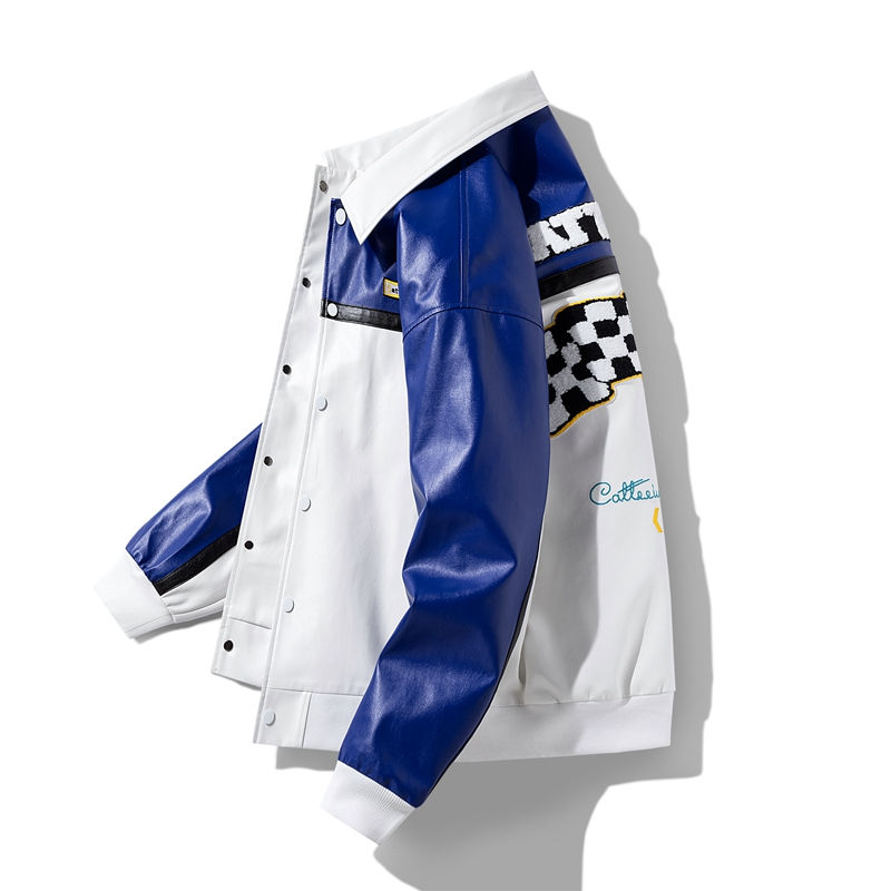 Thumbnail: Unisex Embroidery Varsity Leather Jacket Harajuku Patchwork Streetwear Men Vint