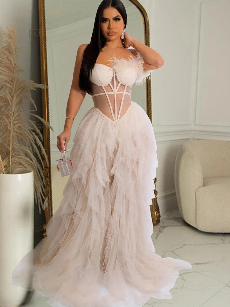 Miniatura: Beyprern Beautiful Ruffles Chffion Party Feather Maxi Dress Elegant Sheer Mesh