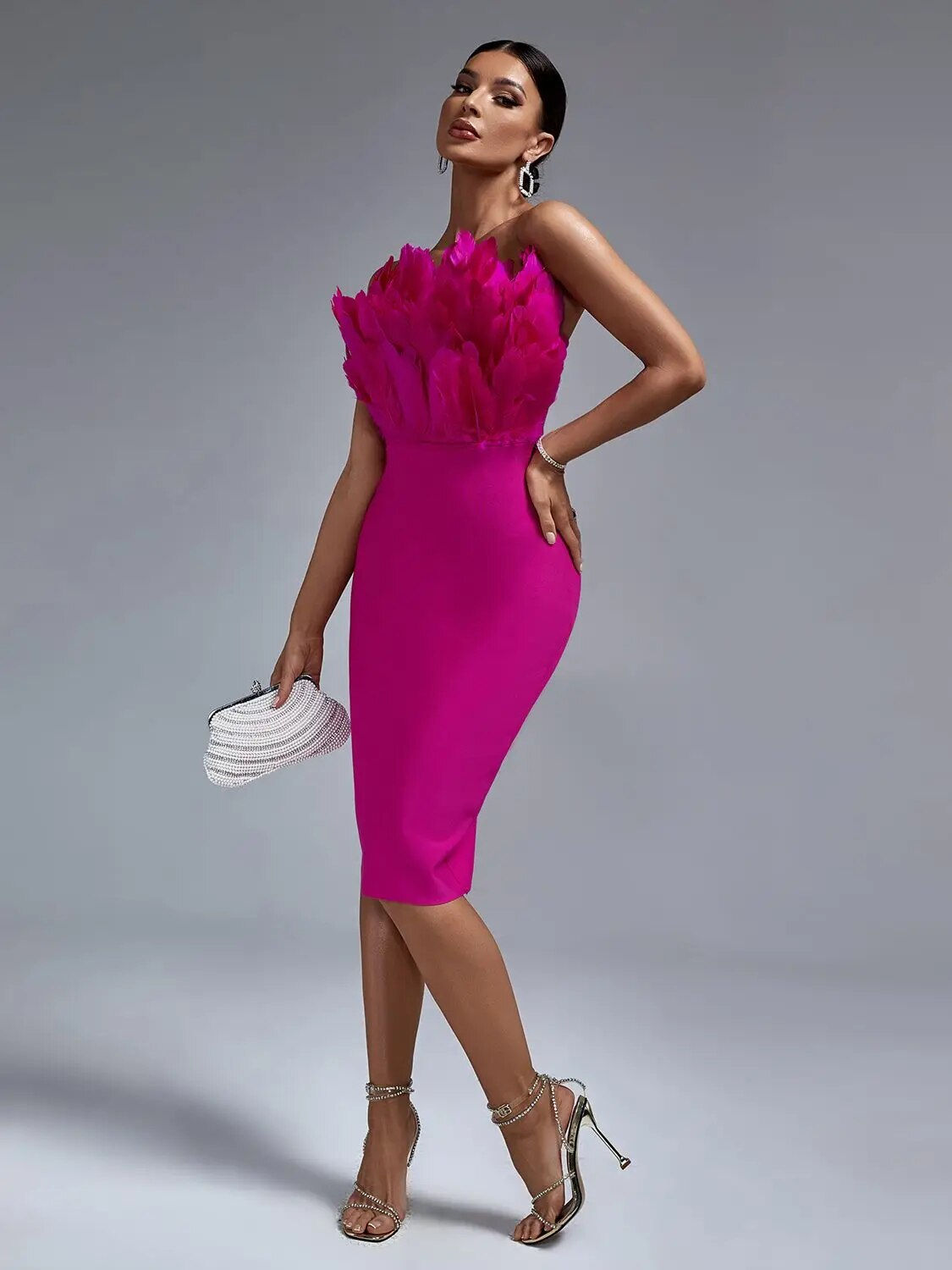 White Bandage Dress Women Feather Party Dress Bodycon Elegant Midi Cute Straple
