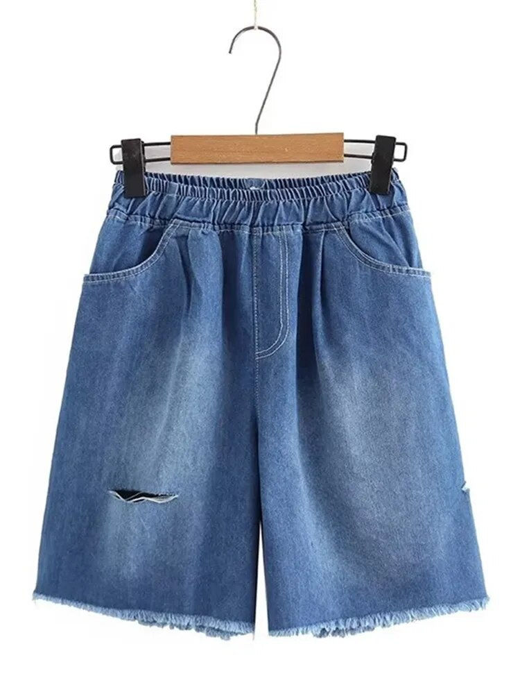 Miniatiūra: Plus Size Women's Clothing Summer Denim Shorts Elastic Waist Non-Stretch Straig