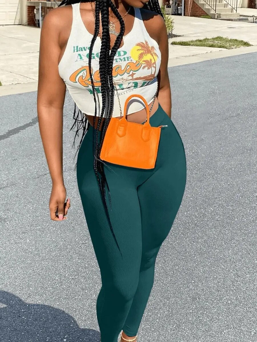 Thumbnail: LW SXY Multicolor Two Pieces Pants Set Vacation Letter Print Pullover Cami Whit