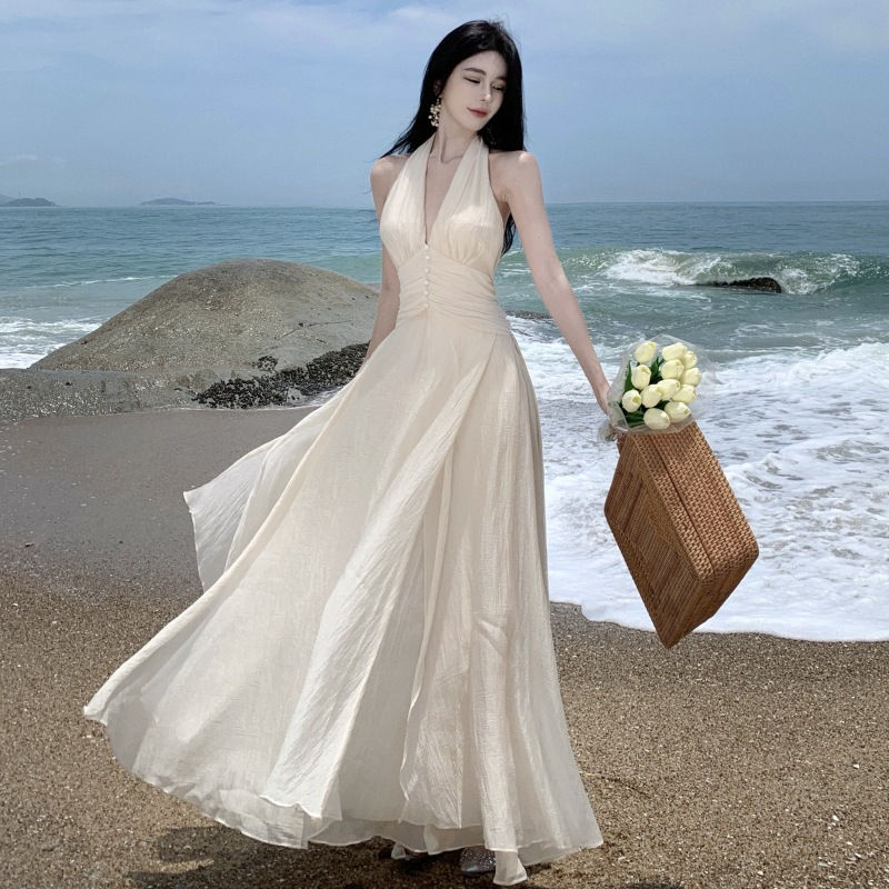 Thumbnail: Summer Sleeveless Halter Long White Maxi Dress Elegant Tight Waist V-neck Beach