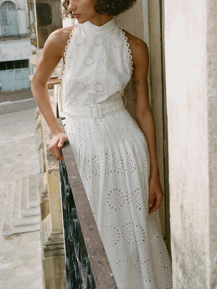 Miniatura: TRAFZA Women's Waisted Hollow Up Mirror Dress Embroidery Beach Style Long Dress