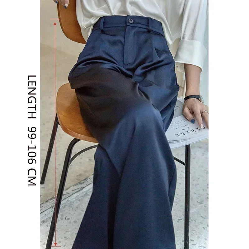 Miniatiūra: 2024 Spring Summer Ice silk Satin Women's Pants Wide Leg High Waist Casual Blac