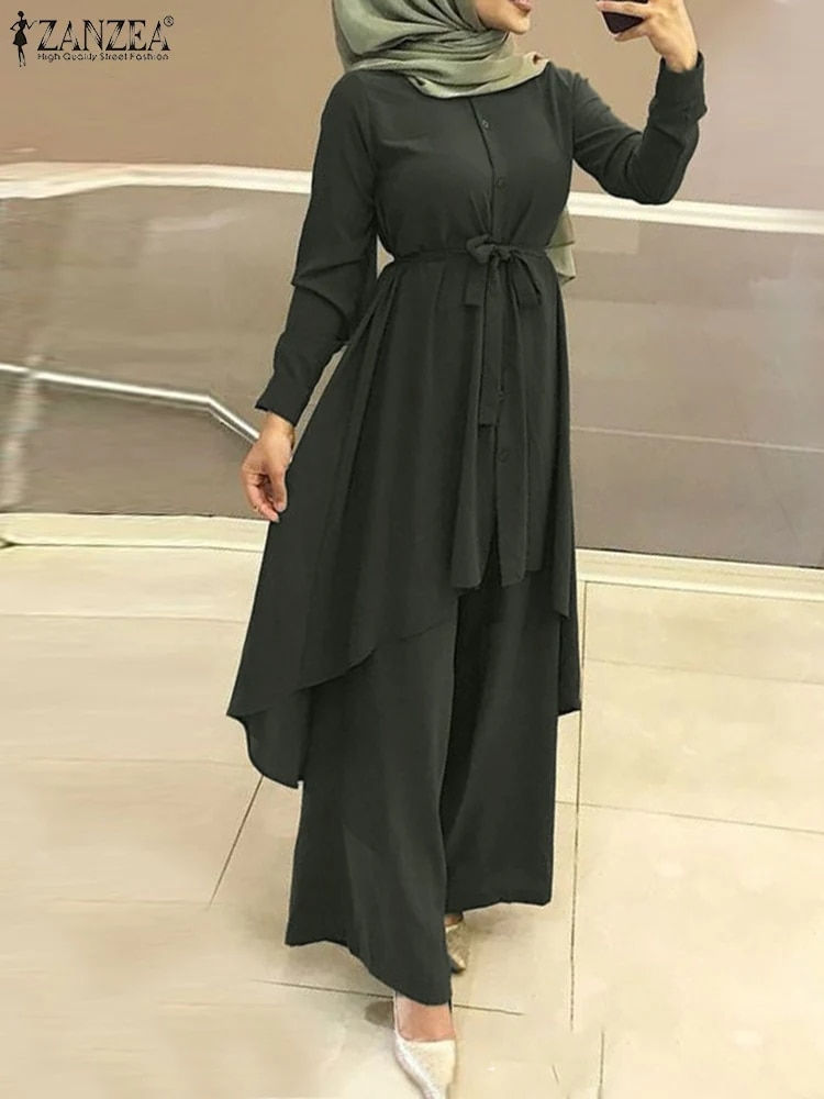 Thumbnail: ZANZEA Two Piece Sets Womens Outifits Fashion Lapel Neck Long Sleeve Shirt Pant