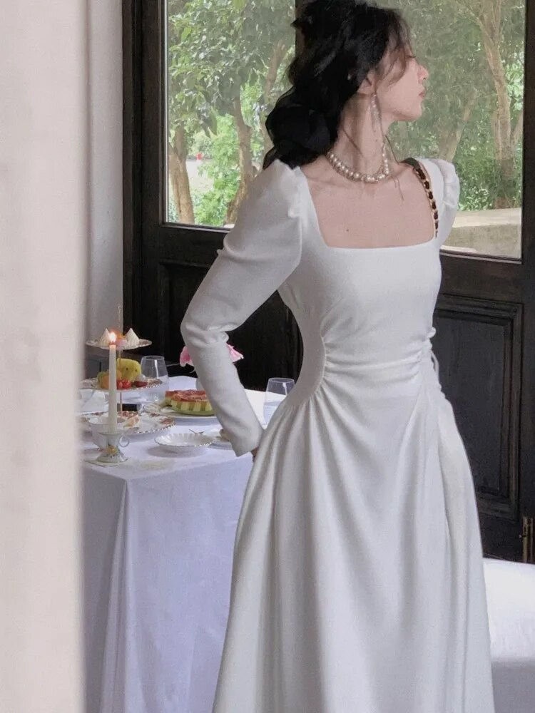 Miniatura: 2023 Spring New Elegant Square Collar Midi Party Dress  For Women Long Sleeve B