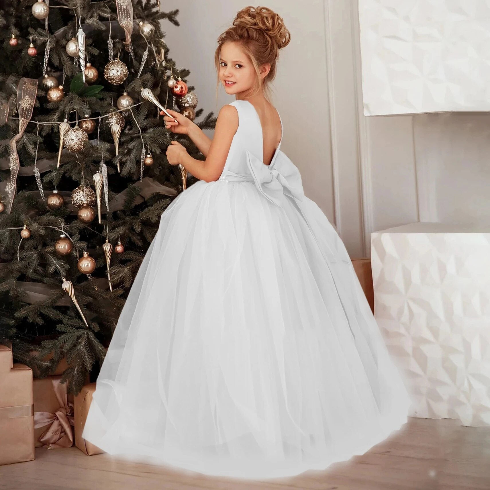 Big Bow Lace Bridesmaid Dress for Girl Teen White Wedding Party Prom Princess D