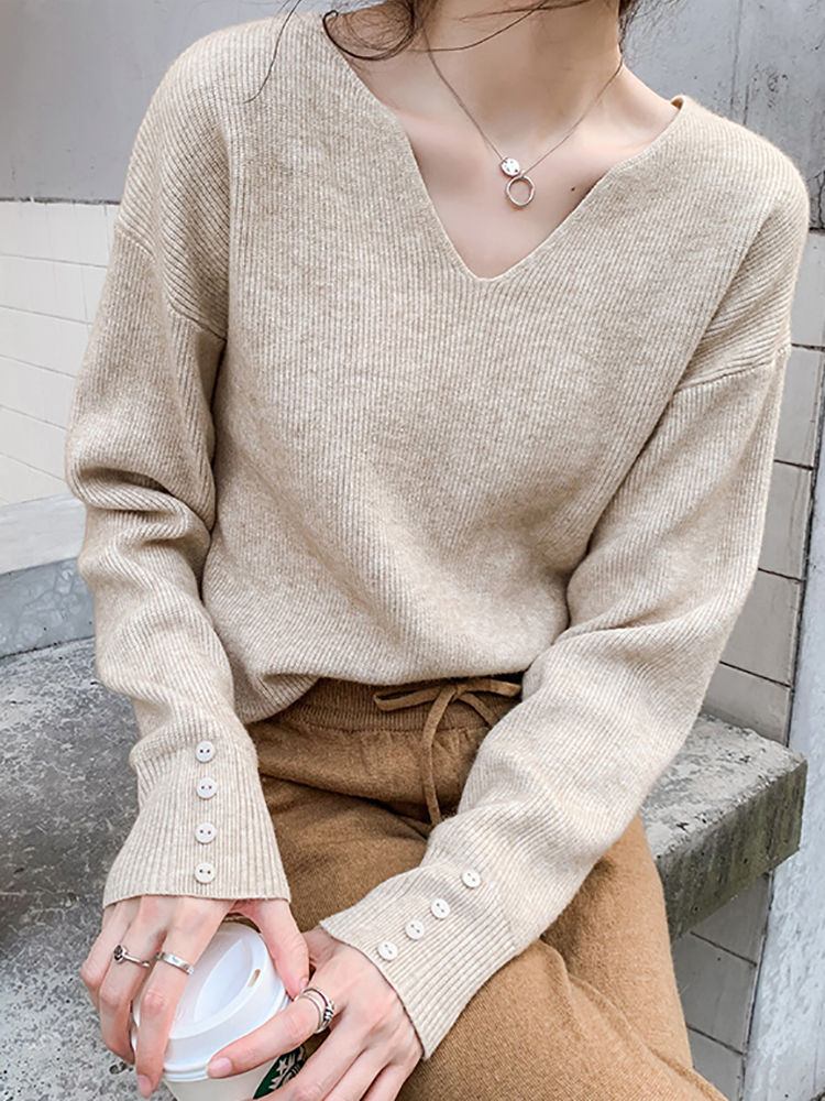 V Neck Autumn Winter Sweater Pullovers Women 2024 Loose Button Pullover Women S