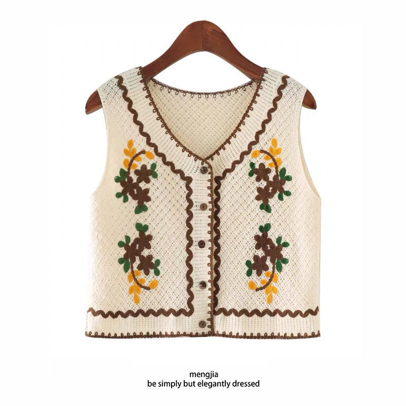 Imej kecil: Flowers Embroidery Sweater Vest Women 2024 New Spring Autumn Sleeveless Short W