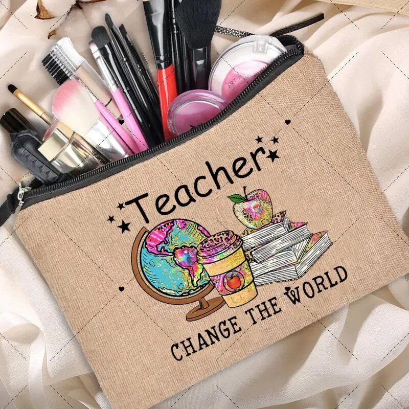Thumbnail: Teacher Change The World Linen Pouch  Neceser Makeup Bag Travel Toiletry Organi