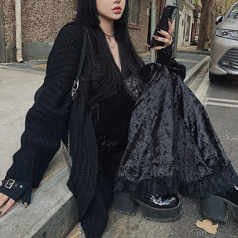 Thumbnail: Cute Fashion Patchwork Lace Solid Flare Pants Women Gothic Dark High Waist Loos
