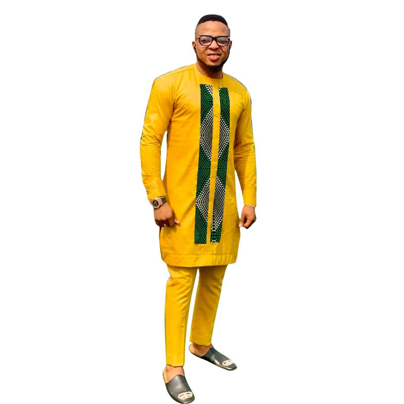 Miniatura: Wax Print/Cotton Patchwork Tops With Pants Yellow Men's Groom Suit Male Party O