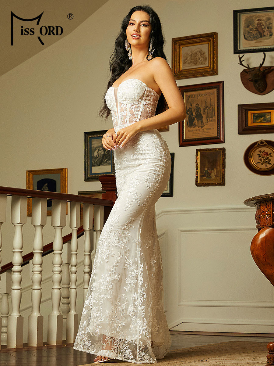 Thumbnail: Missord White Lace Wedding Dress Elegant Women Strapless See Throught Bodycon E