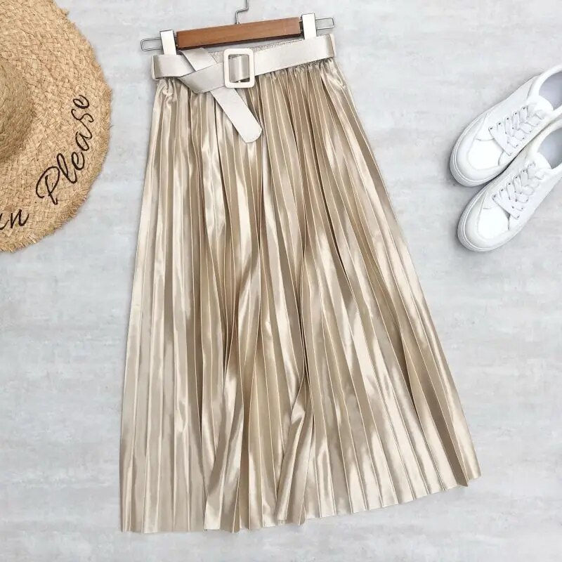 Thumbnail: Seoulish 2023 New Solid Elegant Stain Women's Pleated Skirts with Belted High W