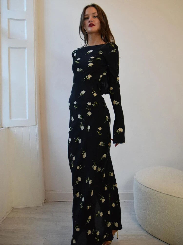 Thumbnail: JULISSA MO Ladies Chiffon Floral Print Long Sleeve Backless Maxi Dress High Spl