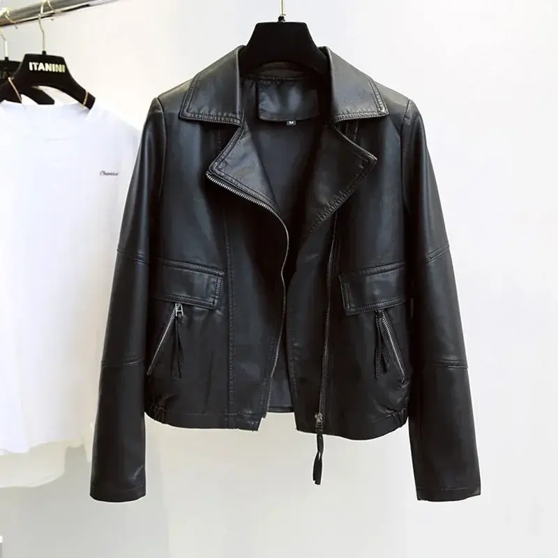 Thumbnail: 2024 New Spring Autumn Vintage Faux Leather Jacket Women Brown Moto Biker Leath