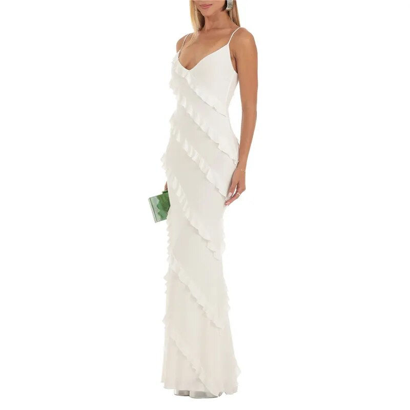 Miniaturebillede: Women's Ruffle Tiered Slip Dress Elegant Summer Fitted Bodycon Long Dress White