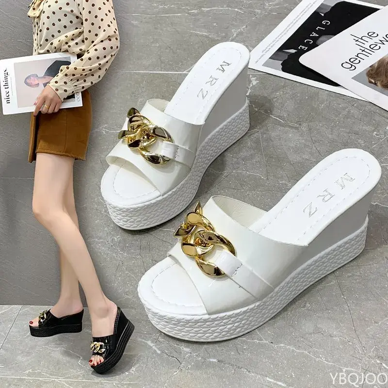 Thumbnail: Chain High Heels Slippers Women Wedding Shoes Summer 2024White Black Platform W