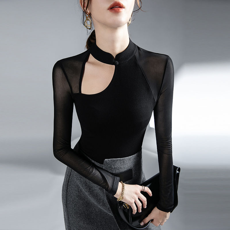 Thumbnail: Vintage Sexy Hollow See Through Mesh Office Lady Basic Club T-shirts Women Blac
