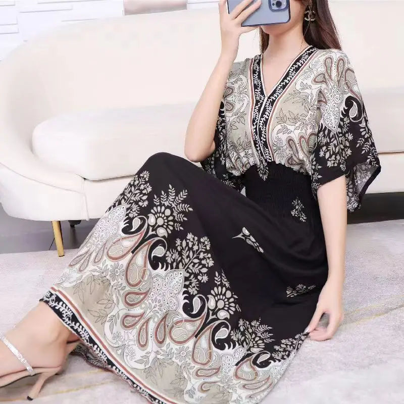 Thumbnail: Women's Bohemian Style Beach Maxi Long Dress Floral Cotton Off Shoulder Round N