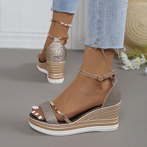 Wedge sandals women's summer new open-toed one-line buckle soft sole fashion pl