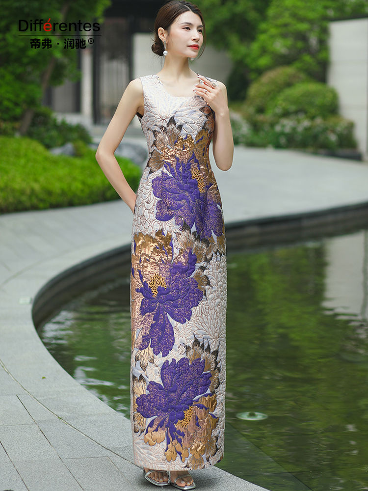 Miniature : 2024 Summer Jacquard Dress Pencil Straight Dress O-neck Sleeveless Party Evenin