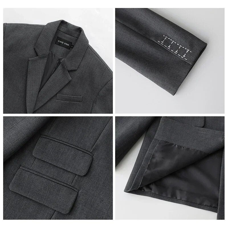 Μικρογραφία: CHICVEN  Women Office Lady Blazer Cuff Embroidery Wide Shoulder Twill Suit Wome
