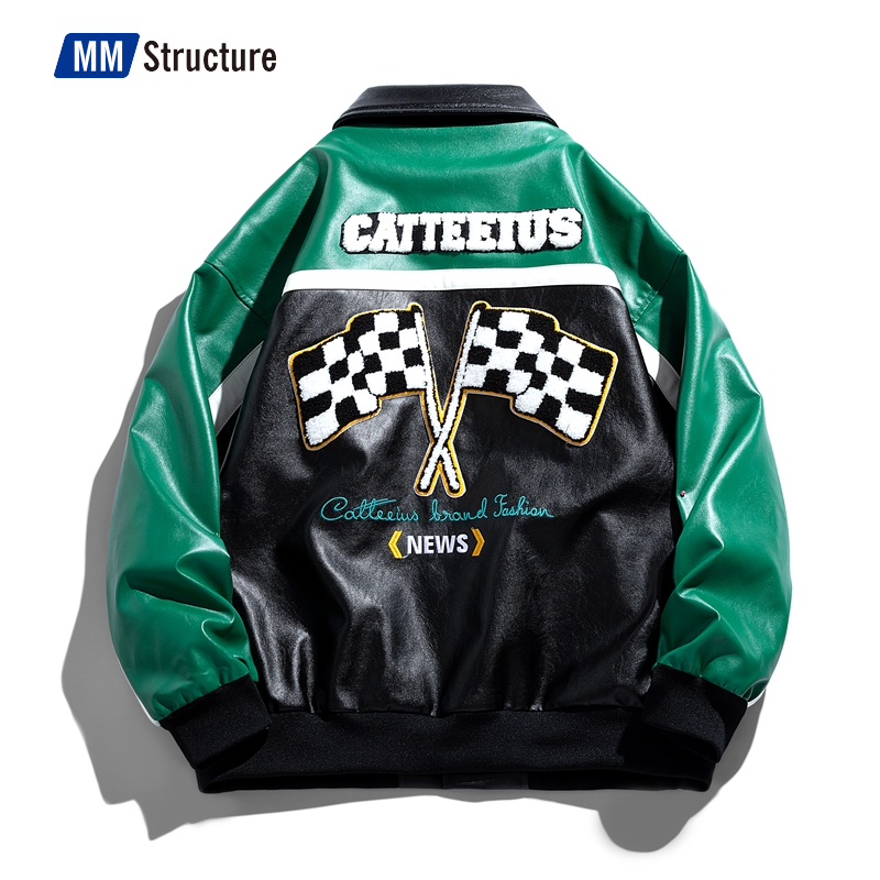 Thumbnail: Unisex Embroidery Varsity Leather Jacket Harajuku Patchwork Streetwear Men Vint
