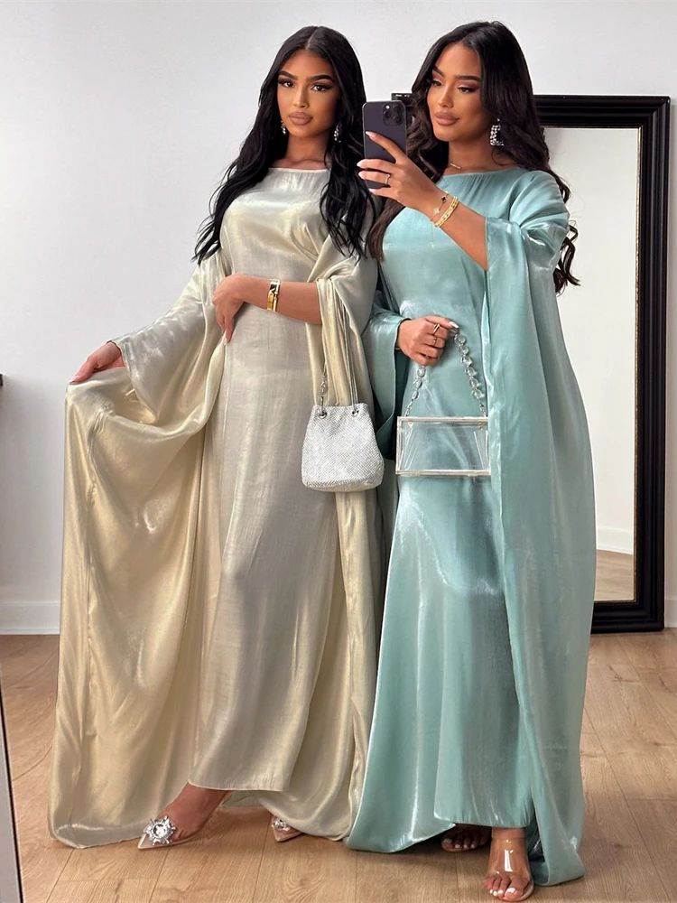 Sličica: Batwing Butterfly Sleeve Satin Khimar Abaya Dubai Muslim Maxi Dress Kaftan Abay
