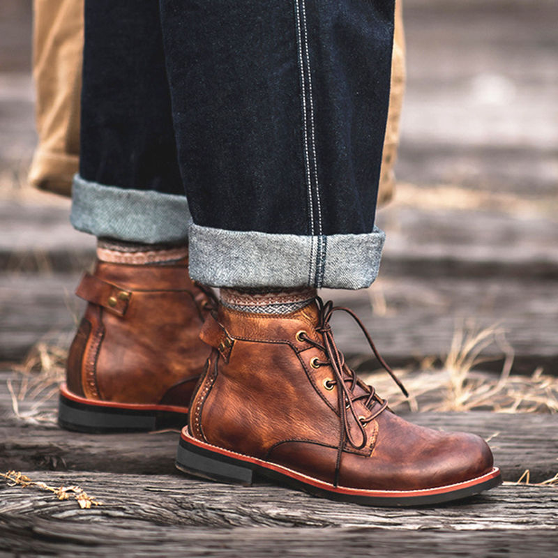 Thumbnail: Retro Boots Men Lace-up Leather Ankle Boots Low Heel Motorcycle Shoes