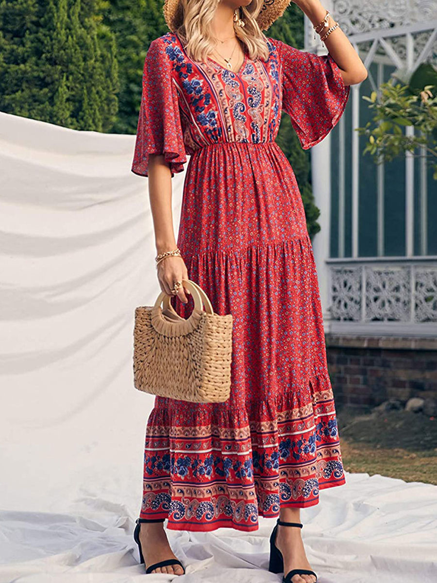 Thumbnail: Women Boho Retro Print Long Dress Short Sleeve V-Neck High Waist Dresses Summer