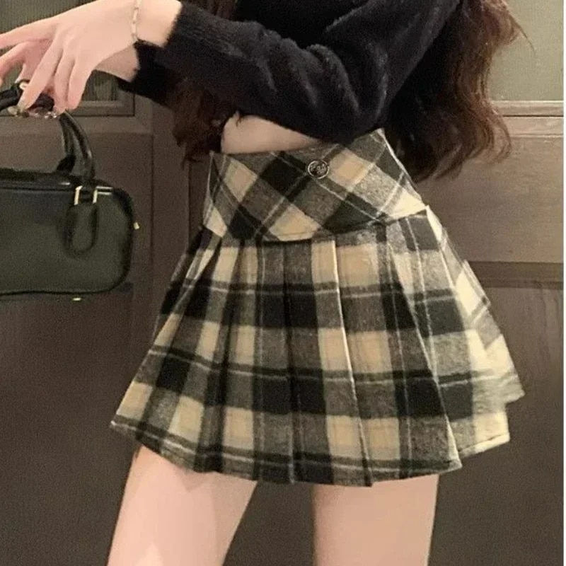 Thumbnail: DEEPTOWN Winter Plaid Skirt Women Vintage Woolen Korea Dongdaemun 2023 Preppy C