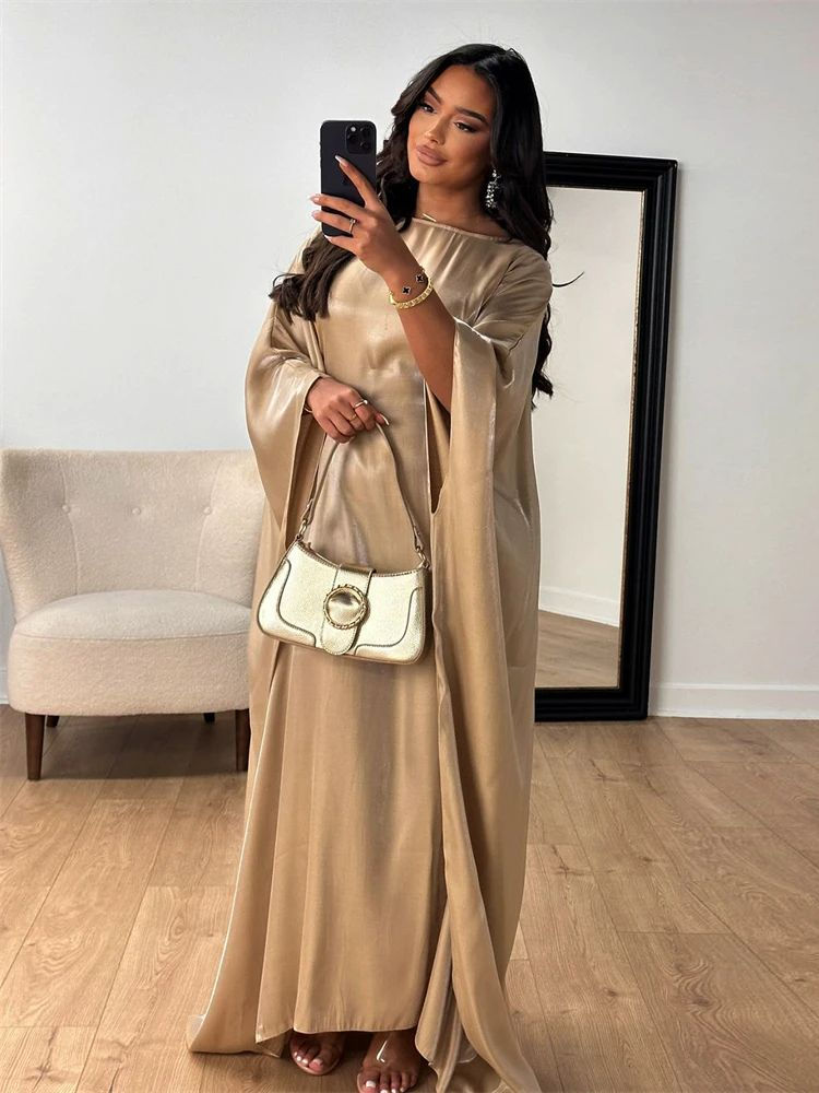 ภาพขนาดย่อ: Batwing Butterfly Sleeve Satin Khimar Abaya Dubai Muslim Maxi Dress Kaftan Abay