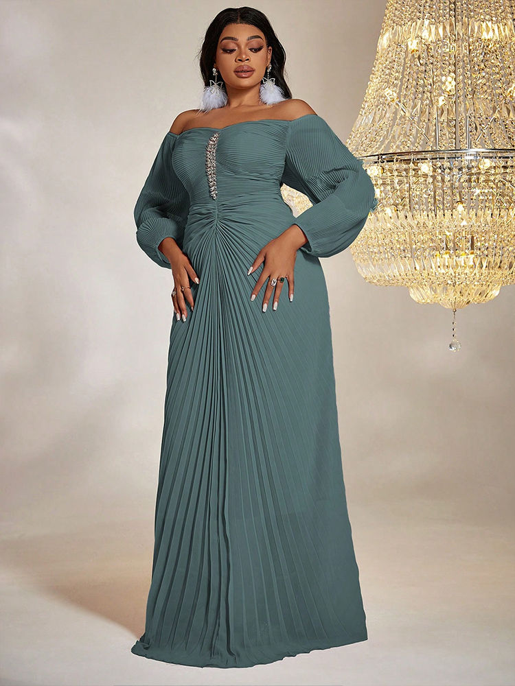 Thumbnail: TOLEEN Women Plus Size Maxi Dresses Elegant Chiffon One-Line Shoulder Beaded Dr