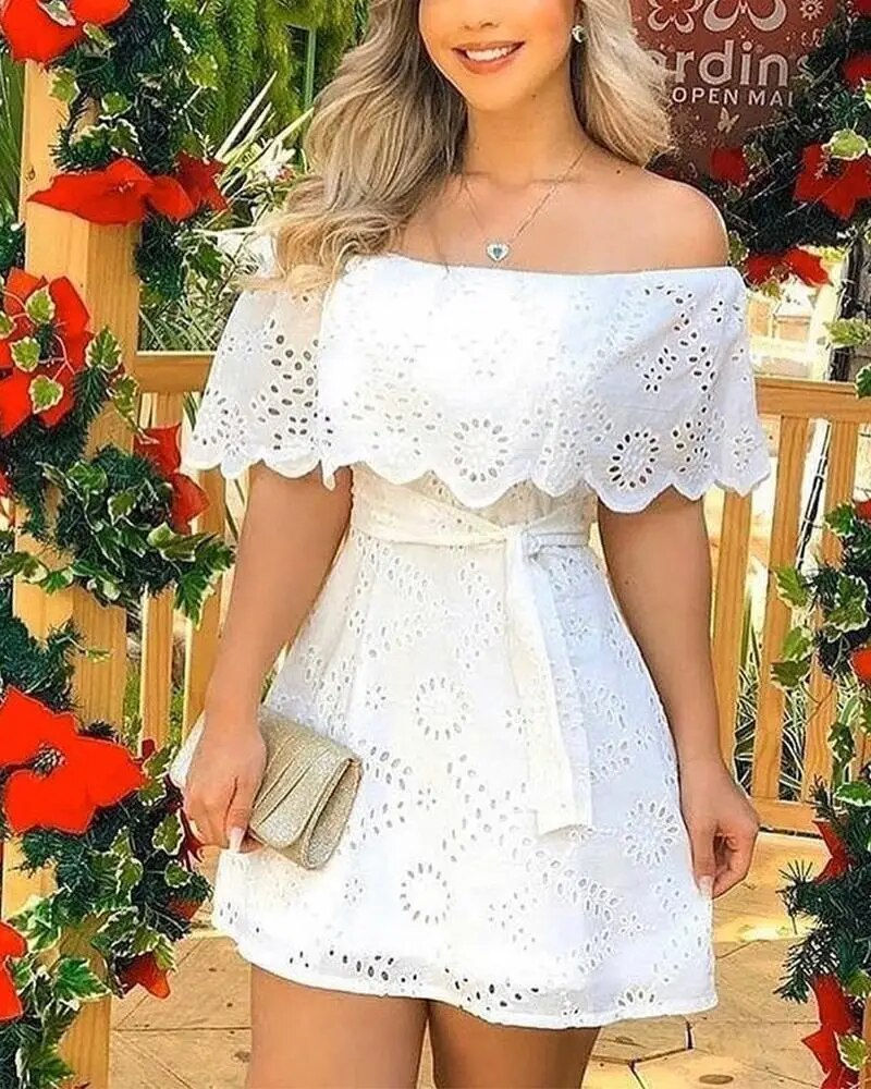 Thumbnail: Hollow Out White Dress Women Summer Off Shoulder Lace Up Mini Dress Fashion Lac