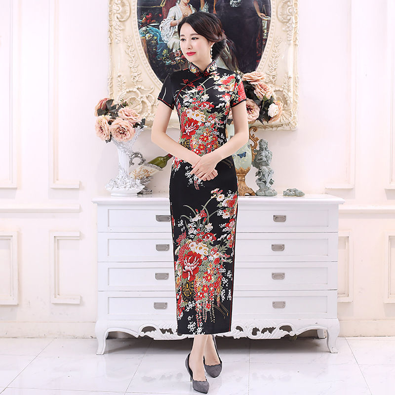 Thumbnail: Sexy Red Flower Print Cheongsams Long Qipao Lady Elegant Vestidos Improved New 