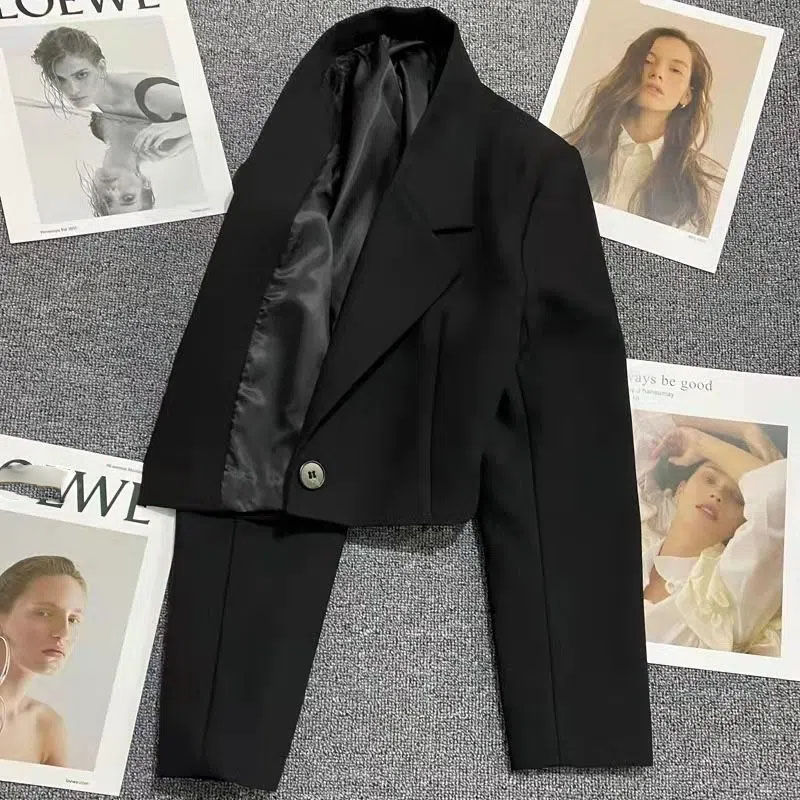 Thumbnail: Xpqbb Black Cropped Blazers Woman Trend 2024 New All-match Notched Collar Crop 