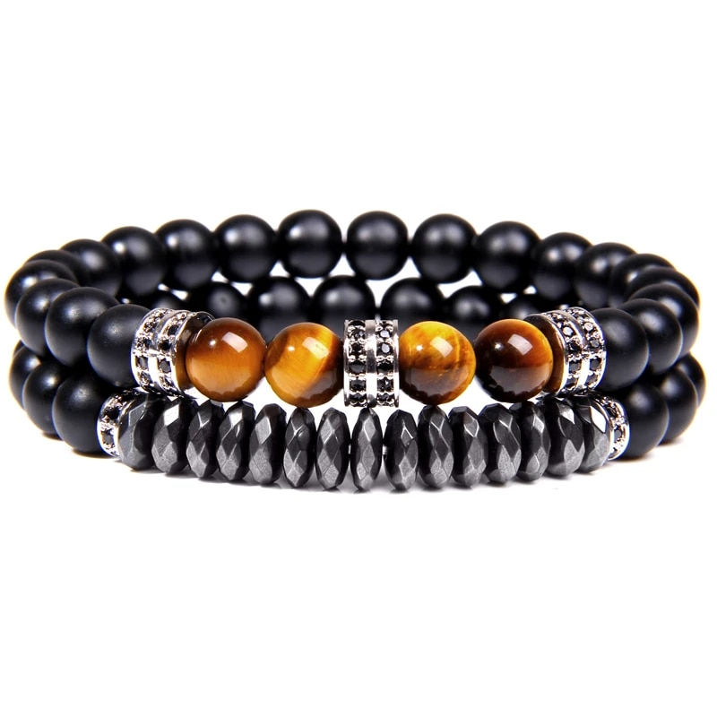 ภาพขนาดย่อ: GolbalJew 2pcs Bead Bracelet Men Natural Tiger Eye Hematite Obsidian Beaded Bra