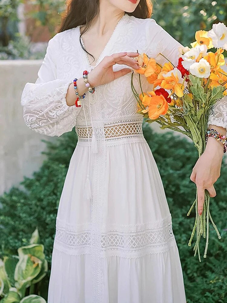 Thumbnail: Summer Women Long Dress Vintage White Boho Lace Dresses Female Hollow Out Dress