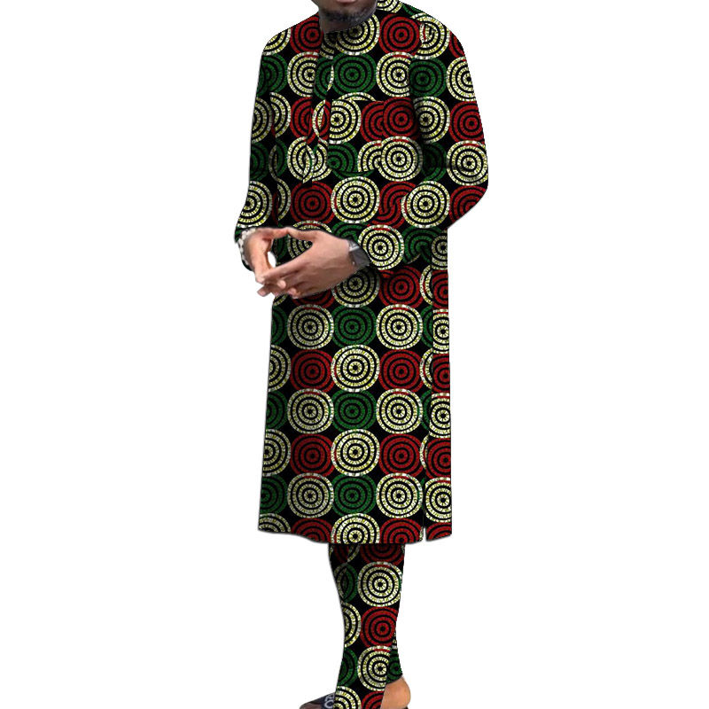 Sīktēls: Nigerian Polyester Print Men's Set Long Sleeve Shirt+Pant African Traditional M