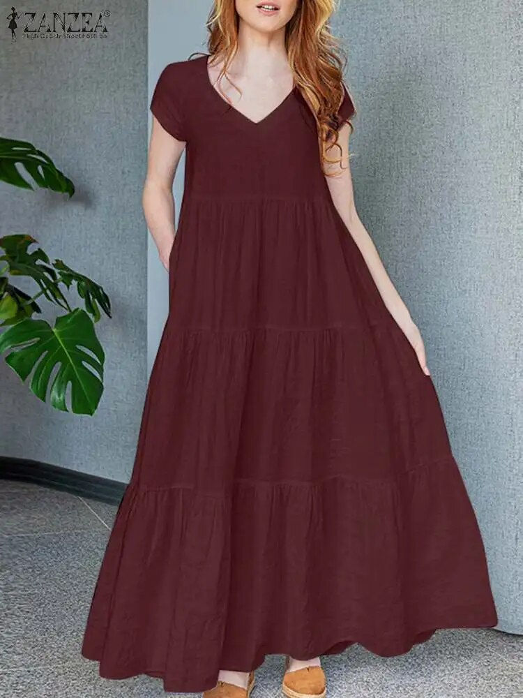 Miniature : ZANZEA Woman Elegant Pleated Dress Solid Color Short Sleeve V-Neck Dresses Fash