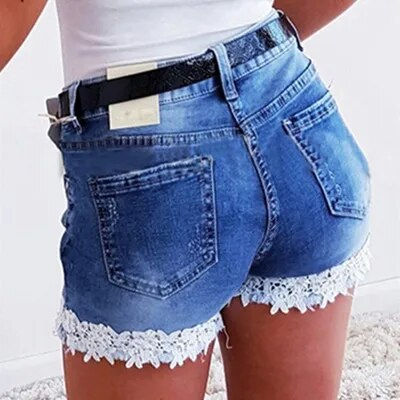 ภาพขนาดย่อ: Women Slim Denim Shorts Stretch Lace Stitching Jeans Shorts Ladies Casual Regul