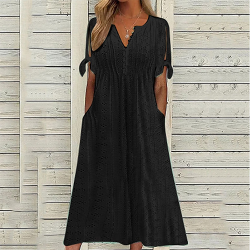 Thumbnail: Hollow Out Lace Long Dress Women Summer 2024 Solid V Neck Pocket Female Vestido