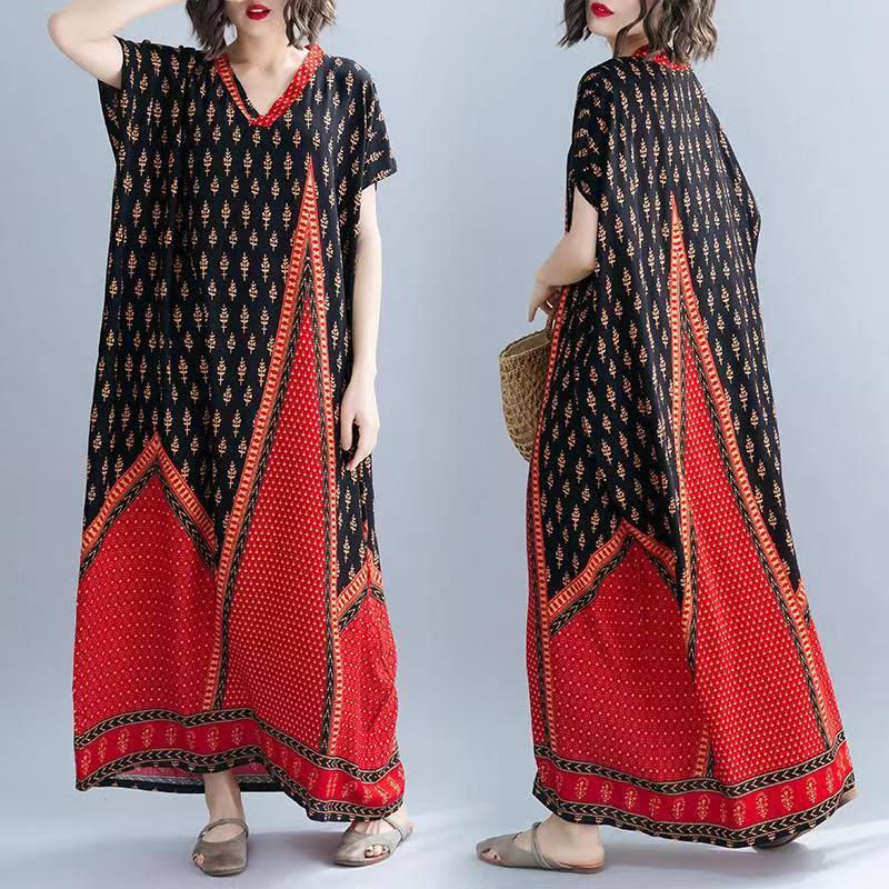 Thumbnail: Batwing Sleeve Straight V-Neck Floral Printed Long Dress  Women Elegant Retro E