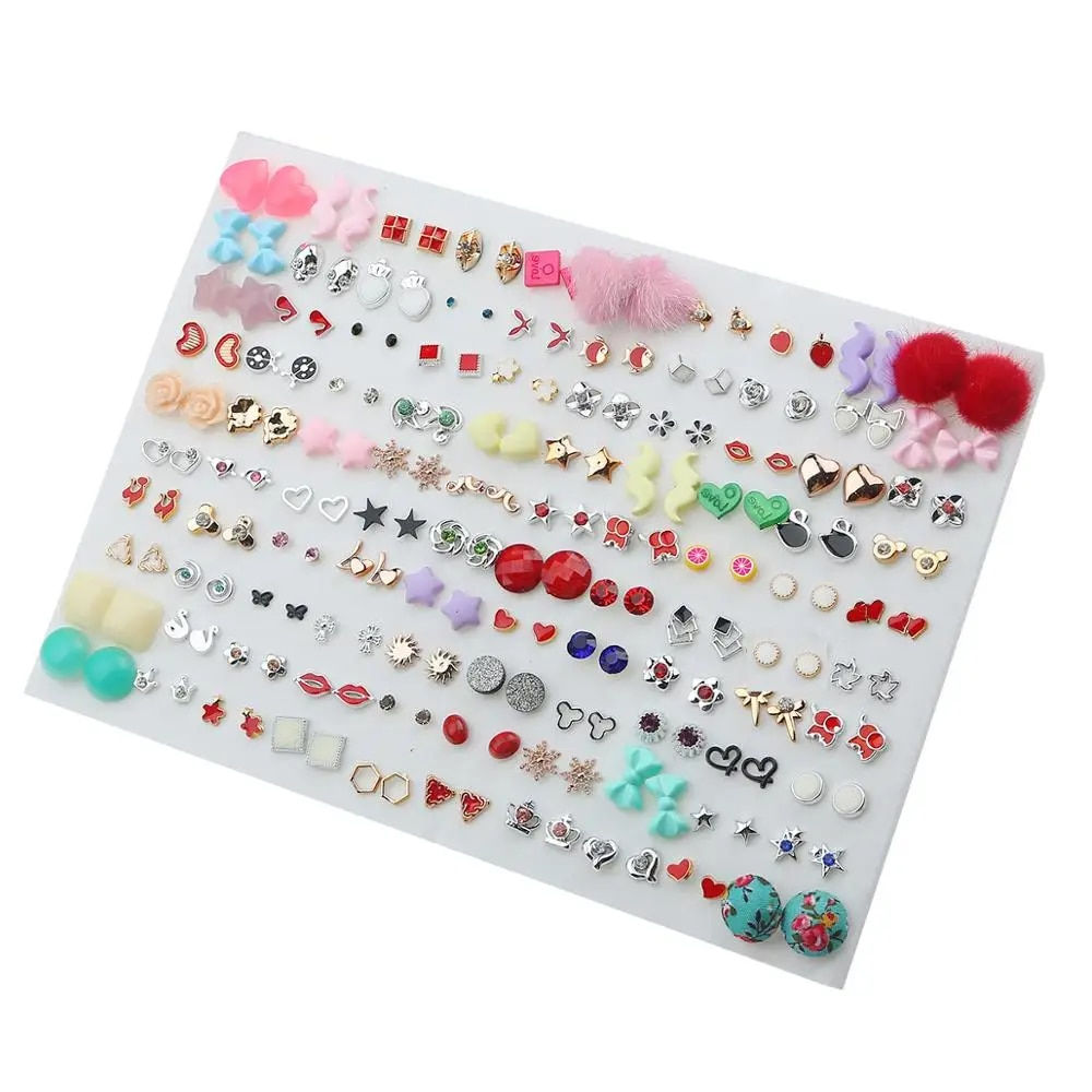 100Pair Women Acrylic Crystal Small Stud Earrings Set Girls Child Heart Star An