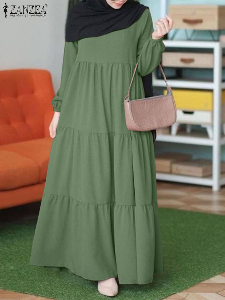 Μικρογραφία: ZANZEA Eid Mubarek Ramadan Ruffles Maxi Sundress Kaftan Turkey Muslim Dress Vin