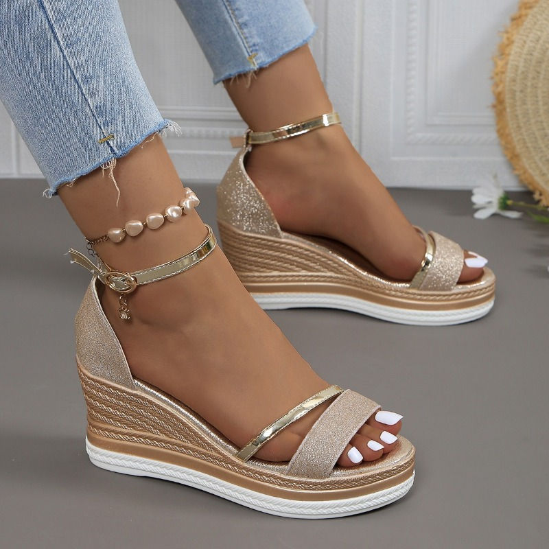 Sīktēls: Wedge sandals women's summer new open-toed one-line buckle soft sole fashion pl